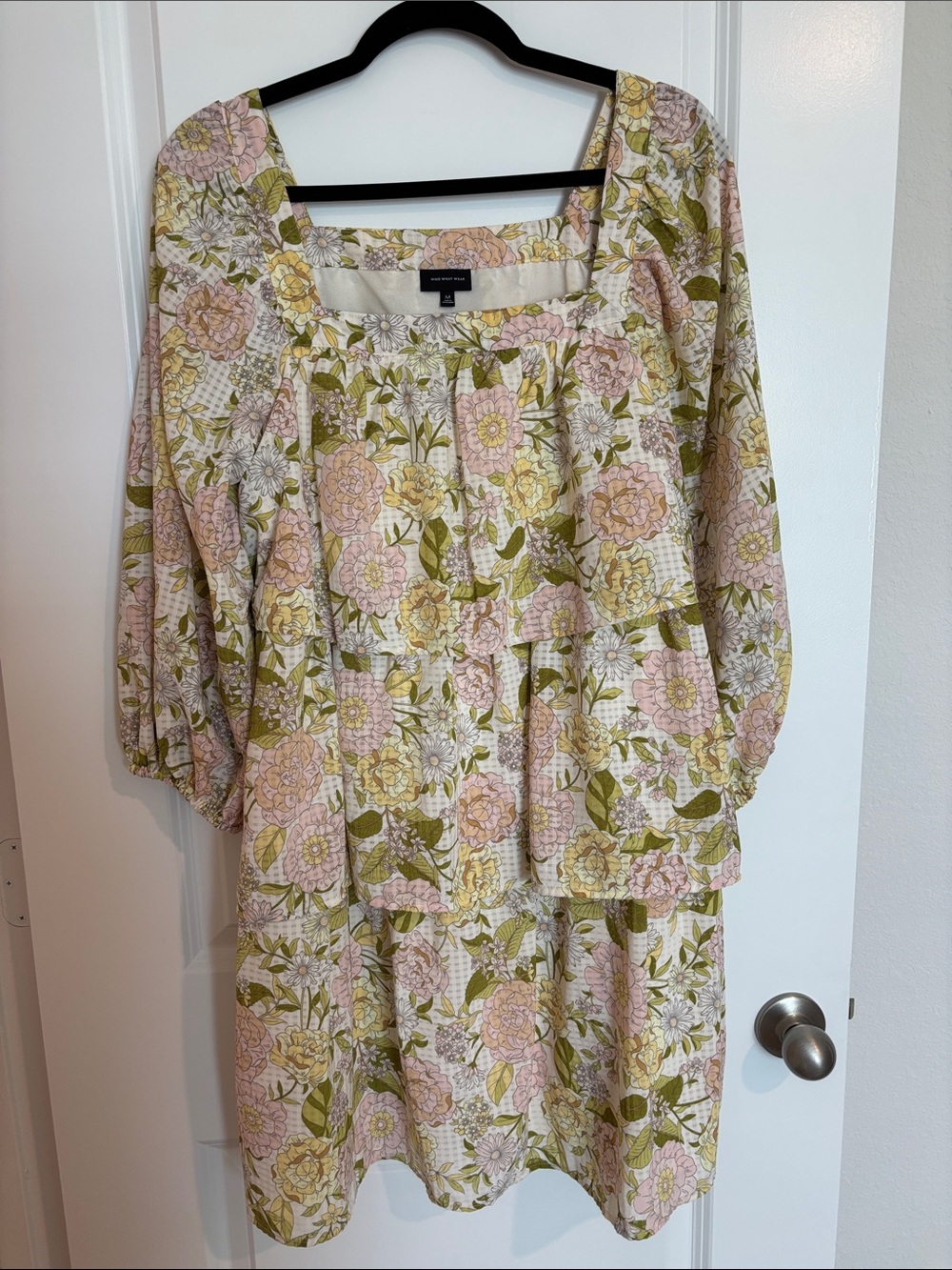 Who What Wear Cream Floral Tiered Long Sleeve Dress with Pink & Olive